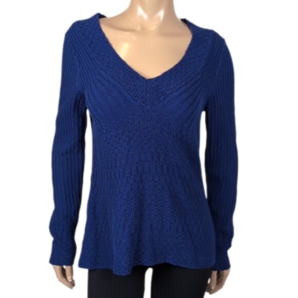 Vintage Y2K Calvin Klein Jeans Open Knit Sweater Vneck Blue Flare A-Line Top - Picture 1 of 12